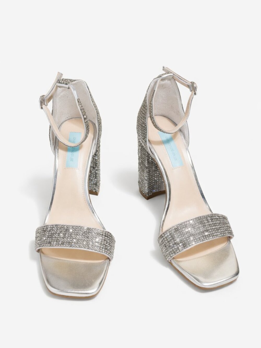 Betsey Johnson Rina Silver Rhinestone Block‑Heel Sandals – Size 8.5